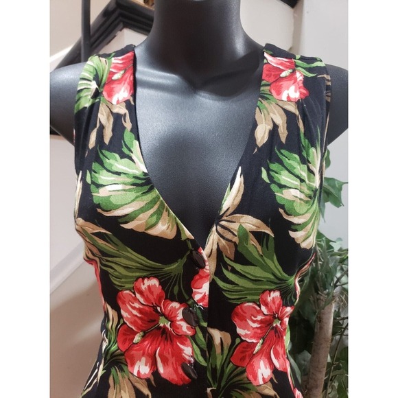 Expo Black Floral Hibiscus V-Neck Sleeveless Front Button Jumpsuit Size 10 - Picture 2 of 13